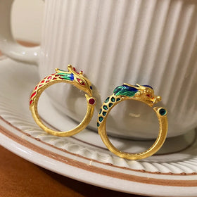 Chinese Style Enamel Gold Ring Design Customization 3D Design Gold Plated Opening Couple Dragon Ring