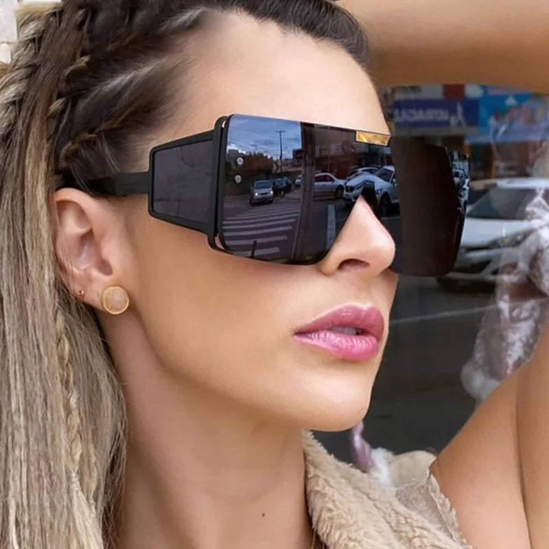 2021 New Style Women's Oversized Square Shades Sunglasses One-Piece Blue/White Sun Glasses Wide Leg Small Window Fashion Big