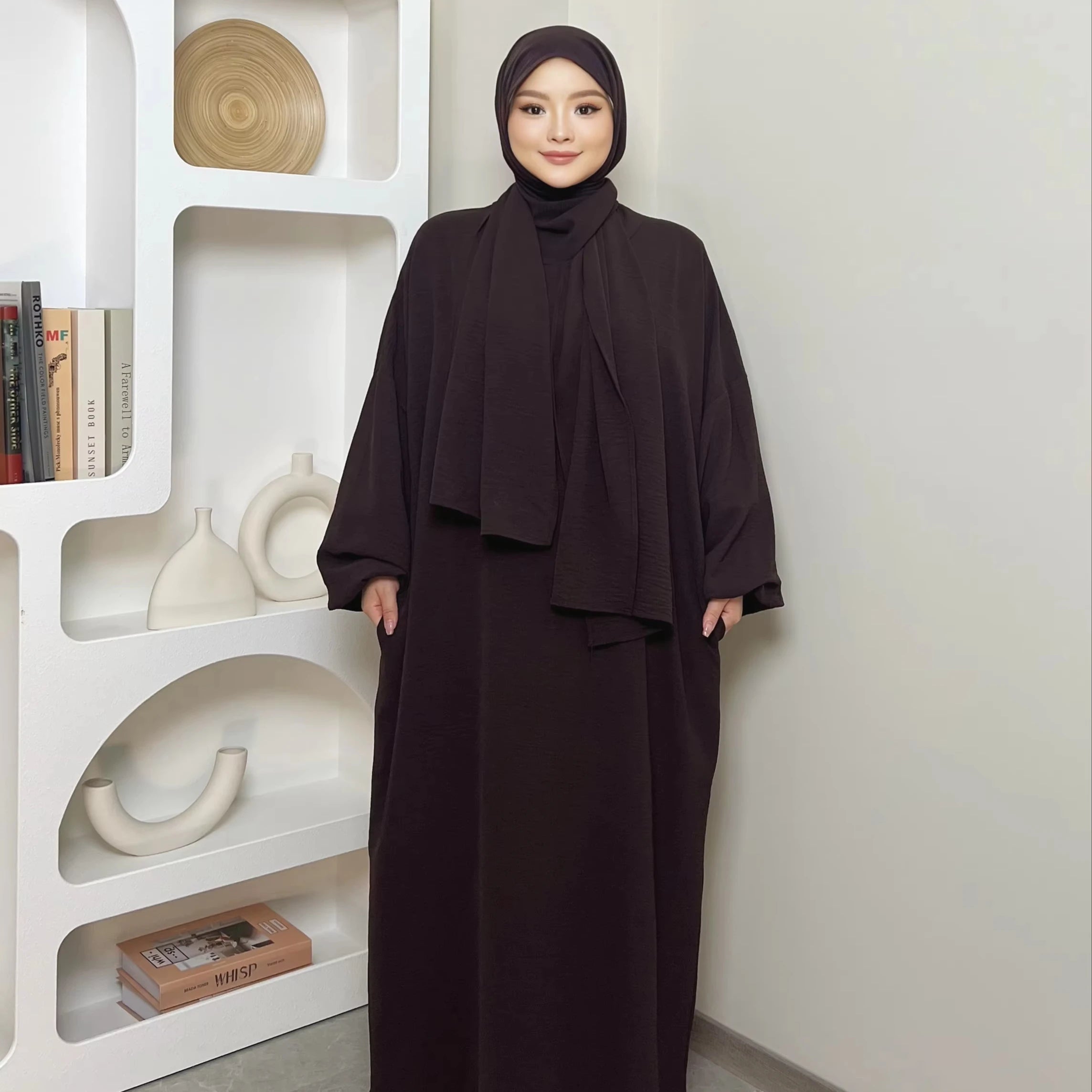 LM013 IRONFREE Crepe Hooded Abaya Hijab Attached With Scarf Pockets Muslim Jilbab Cute Modesty Dress  Jabab Prayer Dress Modest