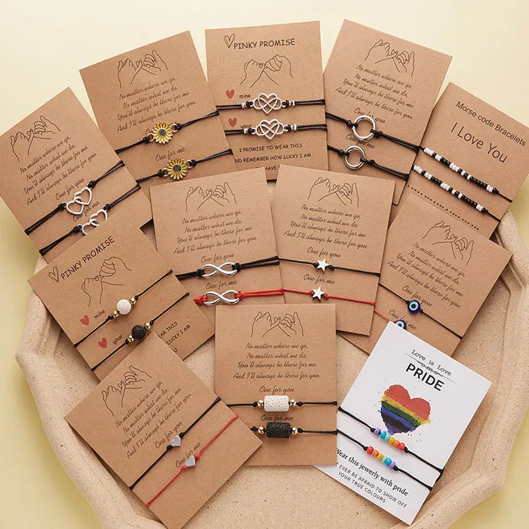 SC Wholesale 2 Pcs Black Red String Bracelets Back to School Pinky Promise Stars Love Heart Beads Friendship Bracelets with Card