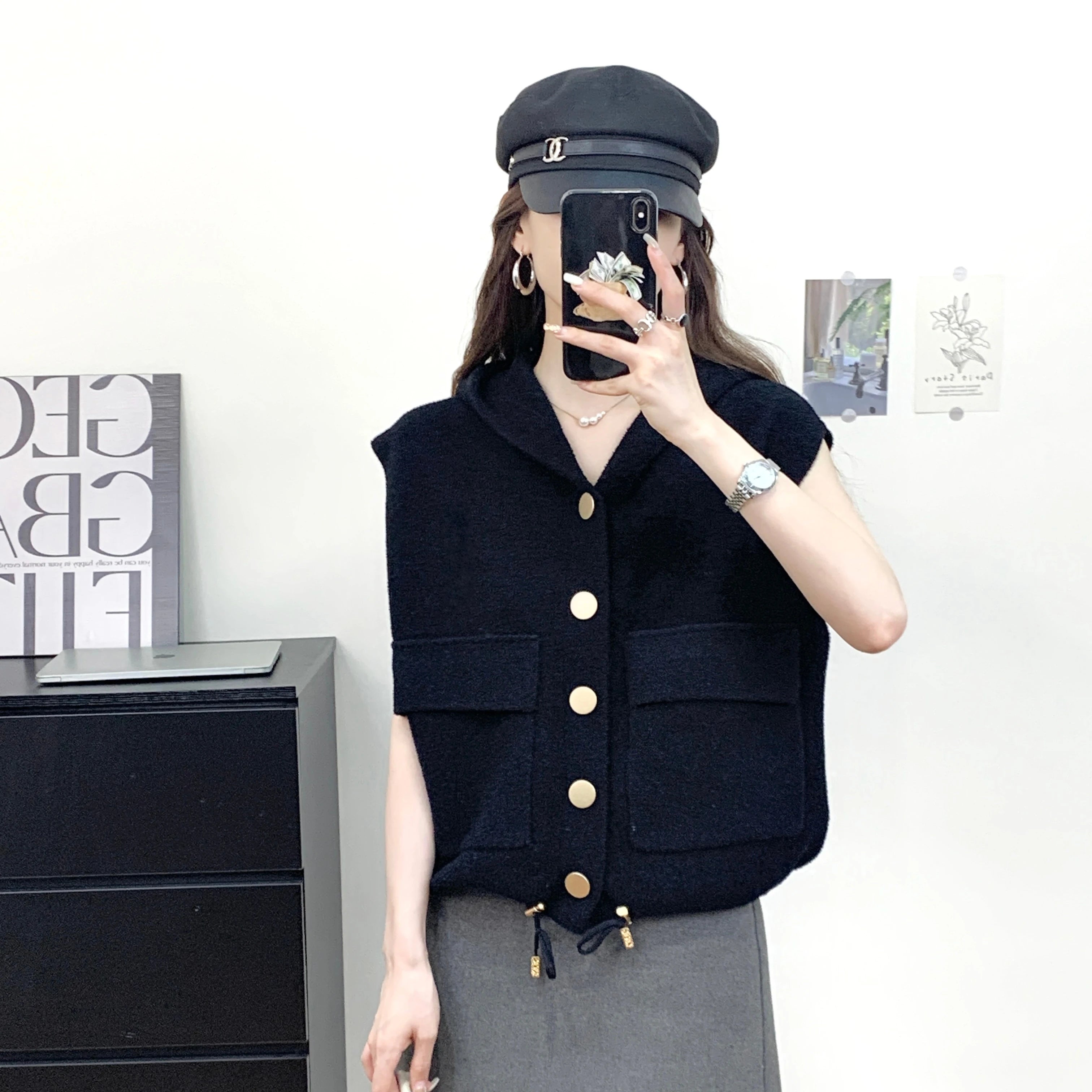 Casual Women's Woolen Knitted Crocheted Single-Breasted Sweater Vest Hooded Collar Versatile and Loose Fit