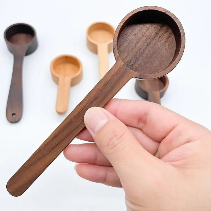 Newest Design Custom Logo Black Walnut Coffee Bean Wood Measuring Scoop With Long Handle