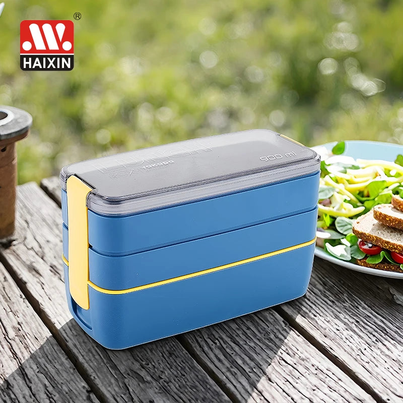 Haixin Portable Adult 30OZ Food Storage Containers 3 Stackable Bento Lunch Box with Utensil Set for Dining Out Work Picnic