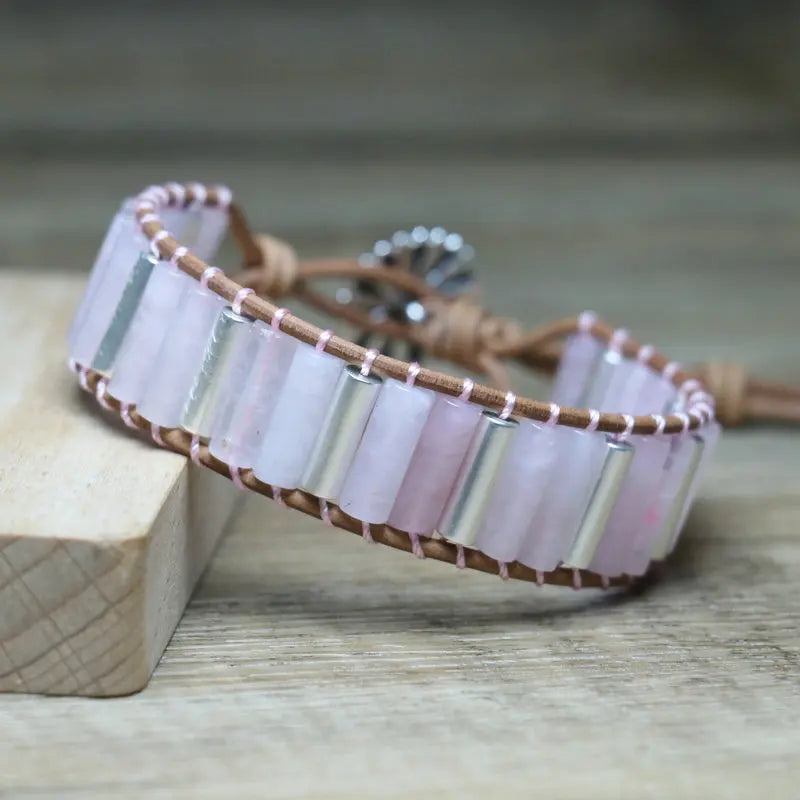 Handmade Women's Natural Rose Quartz Bracelet Vintage Leather Wrap Tube Beaded with Agate Stone for Yoga and Meditation