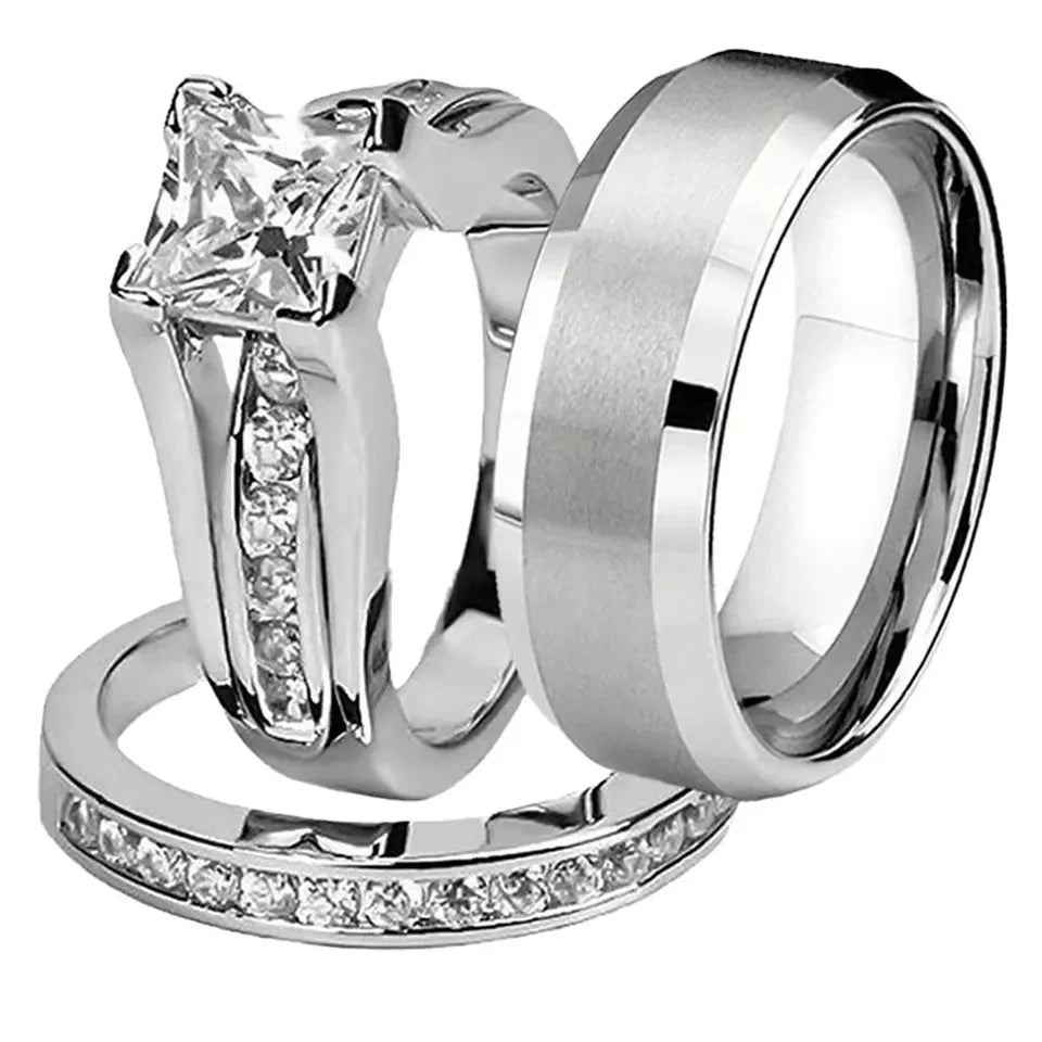 Luxury Fashion Diamond Glossy Three-piece Proposal Rings for Woman Men Wedding Rings Couple Set