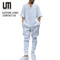 Liu Ming Hot Products Summer Men Casual Knitted Sweater Outfits Two Pieces Suit V Neck Tops and Pants Set