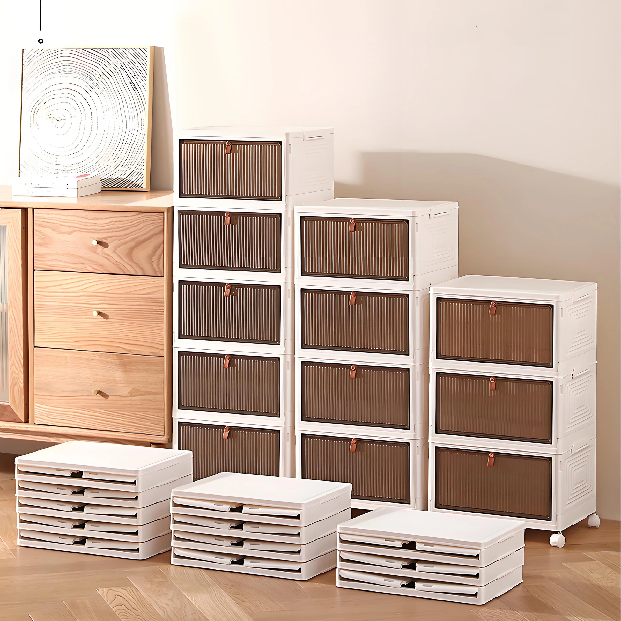Collapsible Plastic Folding Stackable Closet Organizer Storage Box Lids Wheels Portable Wardrobes Home Use Collapsible Clothing