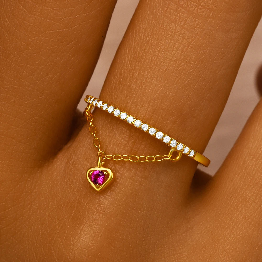 Fashion Rings Jewelry 925 Sterling Silver Open Ring Full Zircon Heart Chain Gold Plated Rings for Women