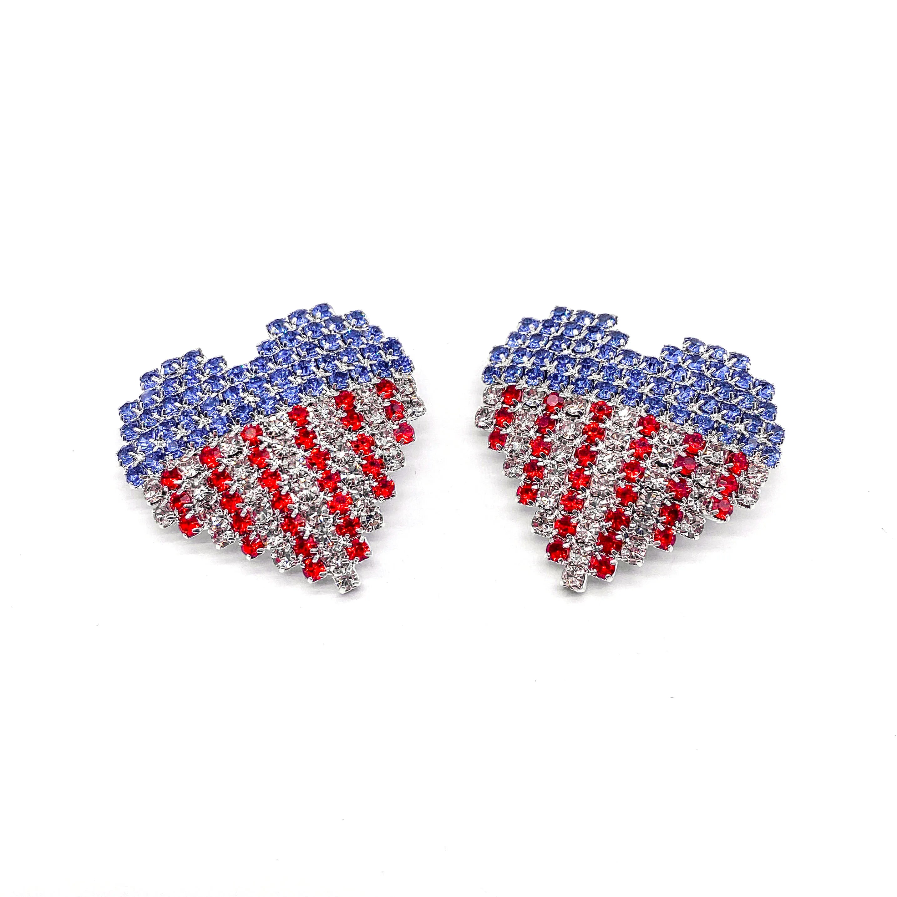 Wholesale Custom Rhinestone Patriotic Heart Brooch Pin Crystal Jewelry for Men Women & Kids for Business Suit Decoration