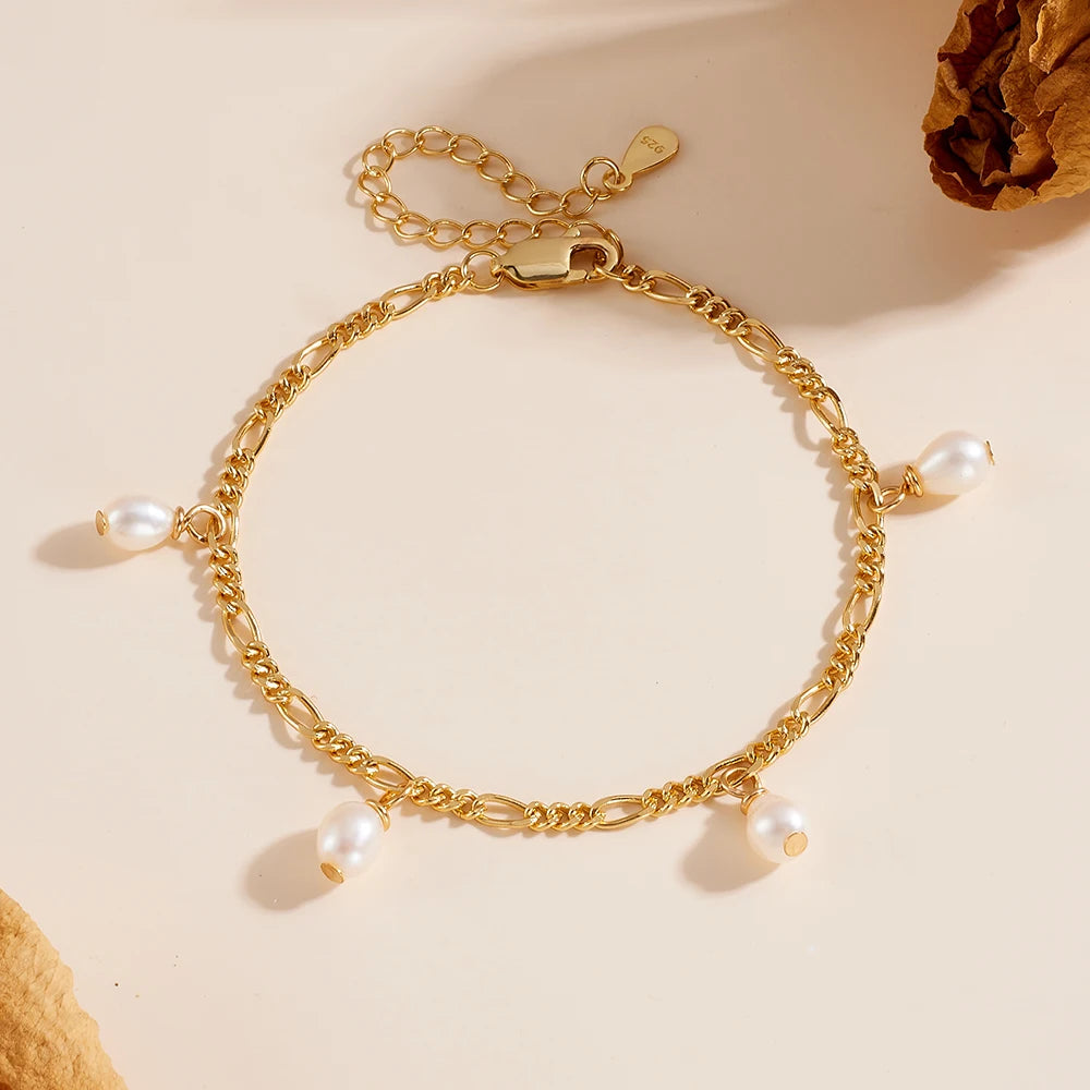 New 18k Gold Bracelet Fashionable Summer S925 Sterling Silver  Elegant Freshwater Pearl Chain Link Charm Bracelets for Gift