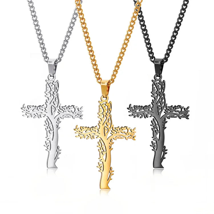 Wholesale Titanium Steel Men Women Fashion Personalized Pendant Men Life Tree Necklace Cross Necklace