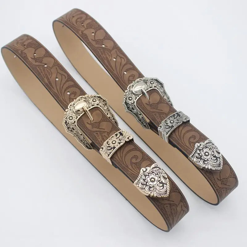Euro-style Spice Girls Brown Texture Niche Pin Buckle Belt Women's Belt Printed Pattern Batch Belt for Both Men and Women