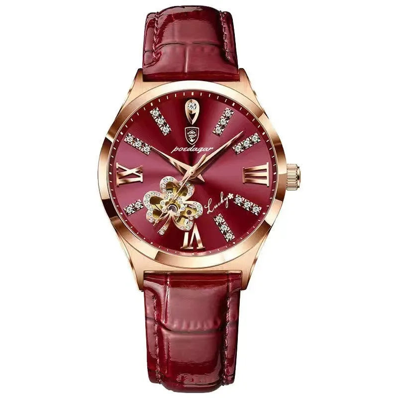 POEDAGAR Women Watch Top Brand Luxury Ladies Girl Wristwatch Red Genuine Leather Bracelet Classic Date Female Clock Gift 328