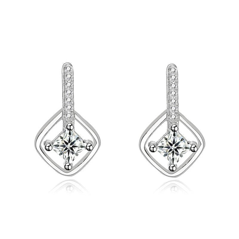 Simple 925 Sterling Silver Geometric Square Diamond Zircon Stud Earrings Rhodium Plated Temperament Sense Design