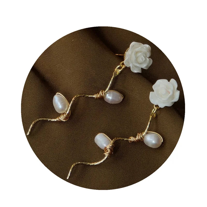 White Rose 18K Gold Plated Earring for Women Fashion Statement Flower Natural Freshwater Pearl Earrings