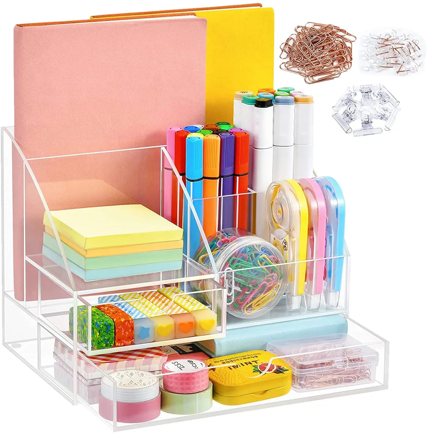 Upgraded Acrylic Desk Organizer with Drawer Clear Desk Organizers and Accessories Desk Storage with Pen Holder