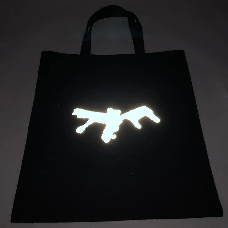 Custom EM&ODM Reflective Logo Glow Black Cotton Canvas Shopping Tote Bag