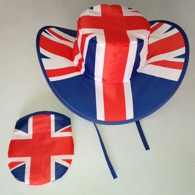 Custom Printed Polyester Cowboy Hat Foldable Pop-Up National Flag Design with Sun Protection for Beach Use Comes with Pouch