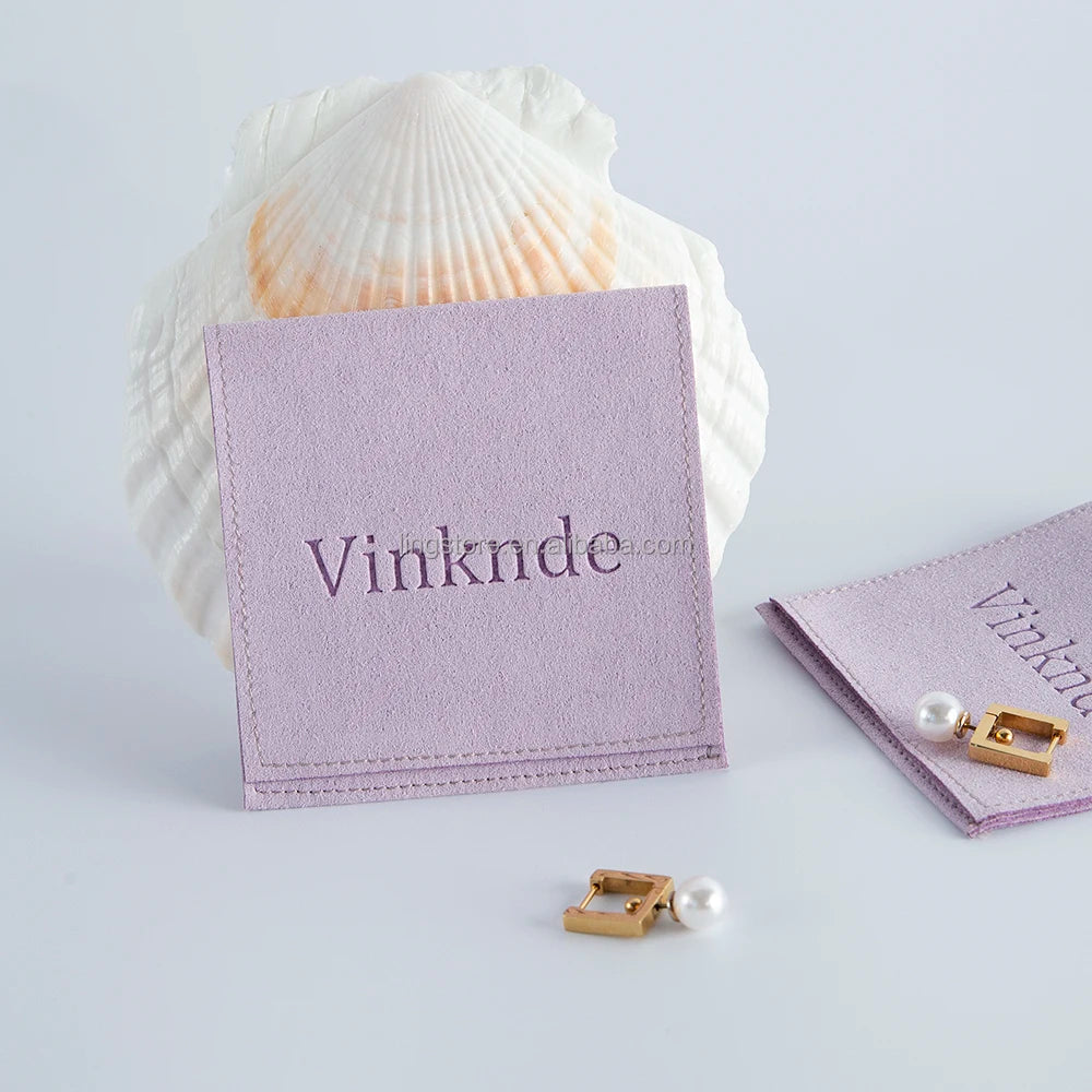 Luxury 8x8 cm Lilac Microfiber Envelope Suede Packaging Gift Bag Pouch with Embossed Logo for Jewelry Storage