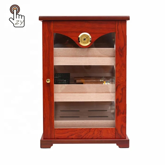 Glass Display Humidor Cigar Box Humid and Moisture Cigar Cabinet Cedar Solid Wood Veneer with Hygrometer and Humidifier