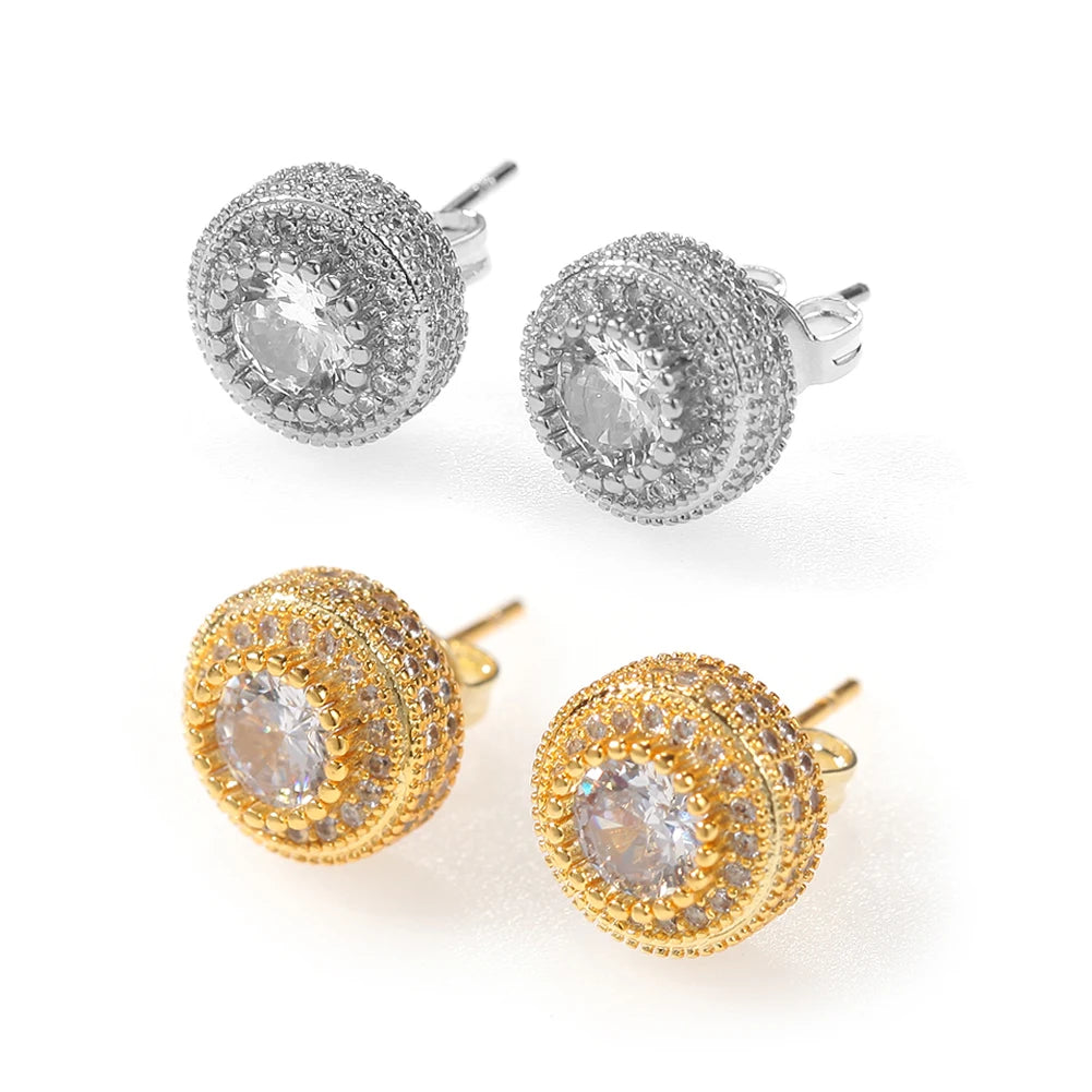 Wholesale Brass Rhodium Plated Geometric Trendy Minimal Iced Cubic Zircon Stud Earrings Unisex Hip Hop Style