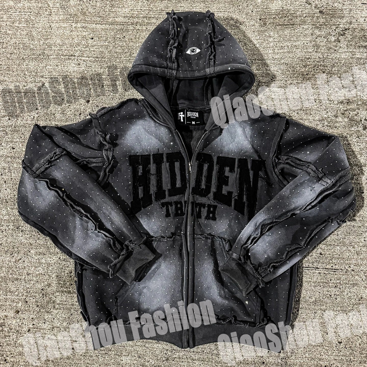 Hoodie Manufacturer 100% Cotton Heavyweight 500GSM Acid Washed Distressed Patch Letter Zipper Hoodie for Men