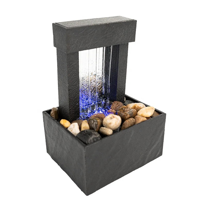 11 Inch Tall Indoor Relaxation Tabletop Fountain with LED Light and Stone Office Decoration Meditation Water Resin Fountain