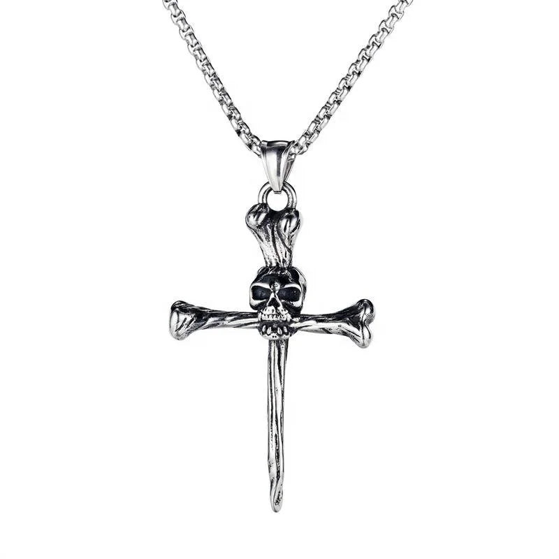 Trendy Street Hip Hop Style Cross Pendant Stainless Steel Skull Locomotive Man Jewelry Necklace