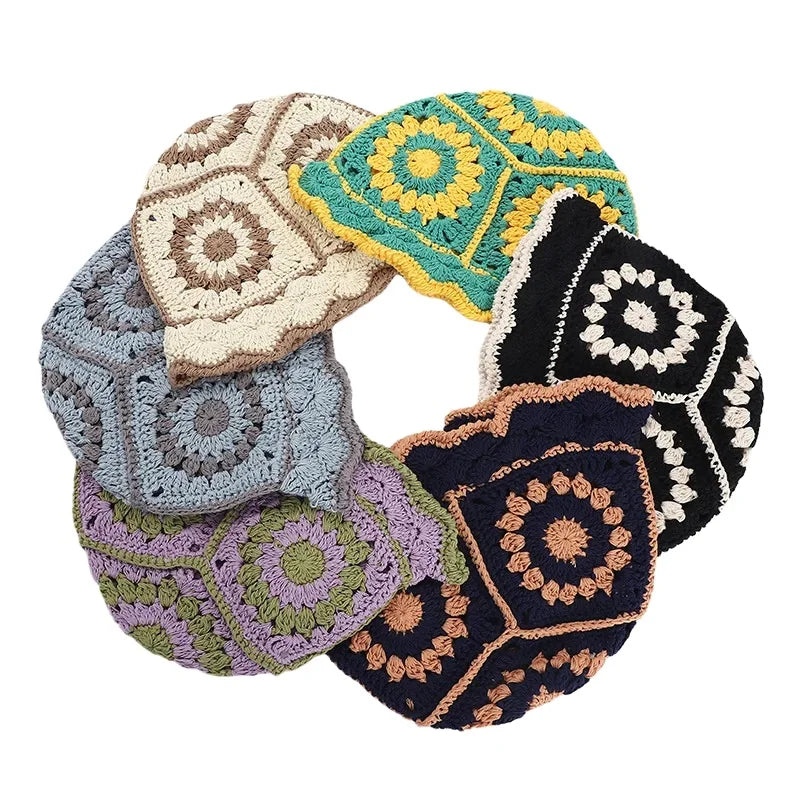 Custom Pattern Colorful Floral Knitted Crochet Bucket Hat Hand Made Luxury Women Crochet Beanies