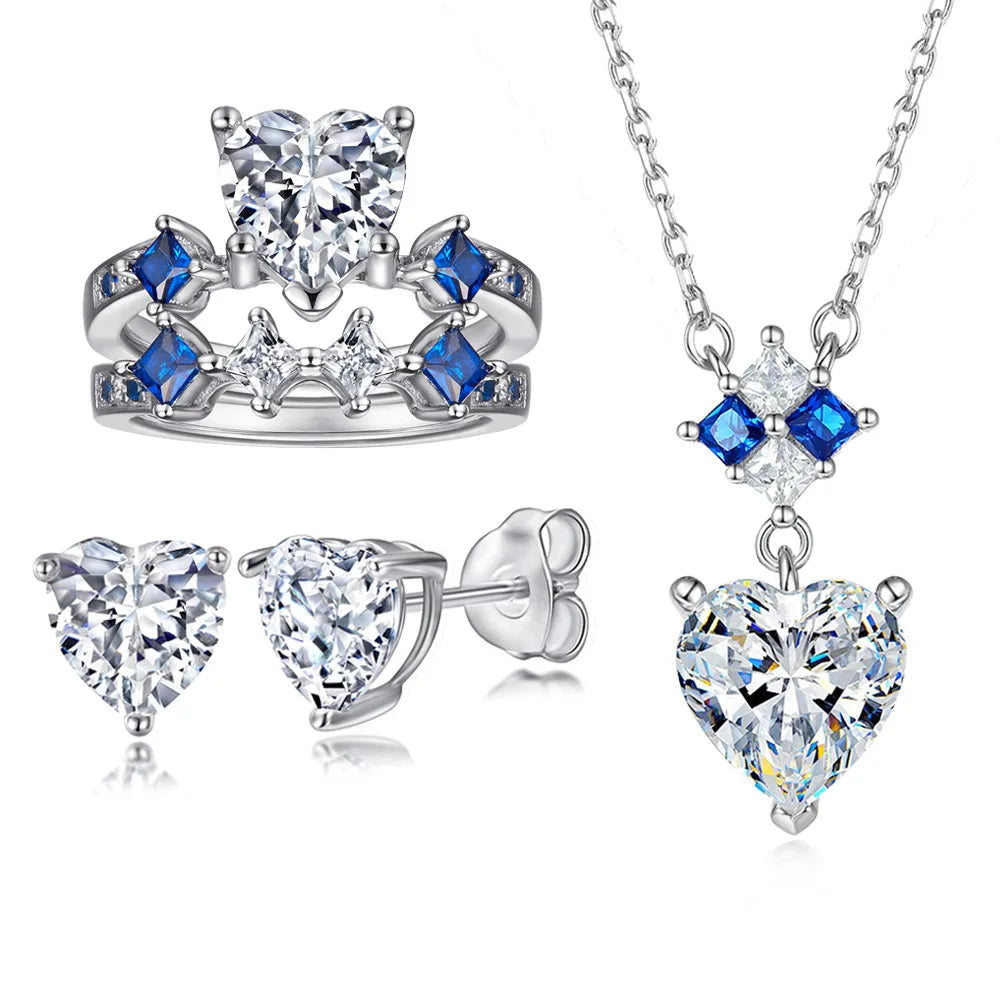 Classic Silver Jewelry Women Heart Cut Ring Necklaces Studs Tarnish Free Rhodium Plated 925 Silver Bridal Wedding Jewelry Set