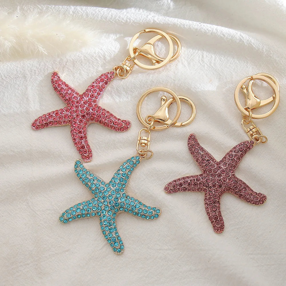 Marine Organism Fashion pink Metal Diamond Key Chain Starfish Charm Pendant Keychain for Gift