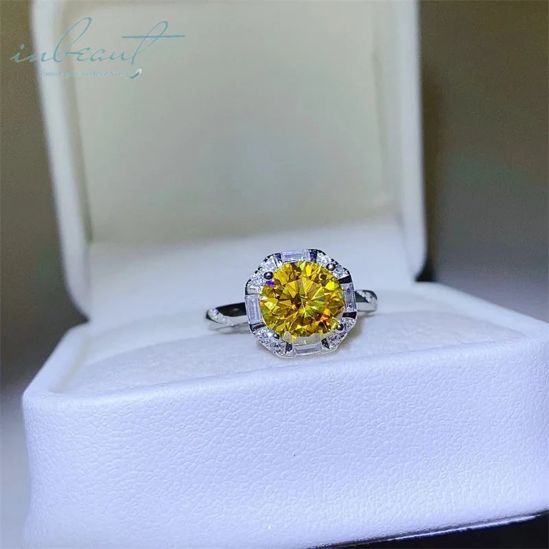 Silver 925 Original 1-2 Carat Brilliant Cut Pass Diamond Test Yellow Moissanite Square Ring for Teen Girls Wedding Fine Jewelry