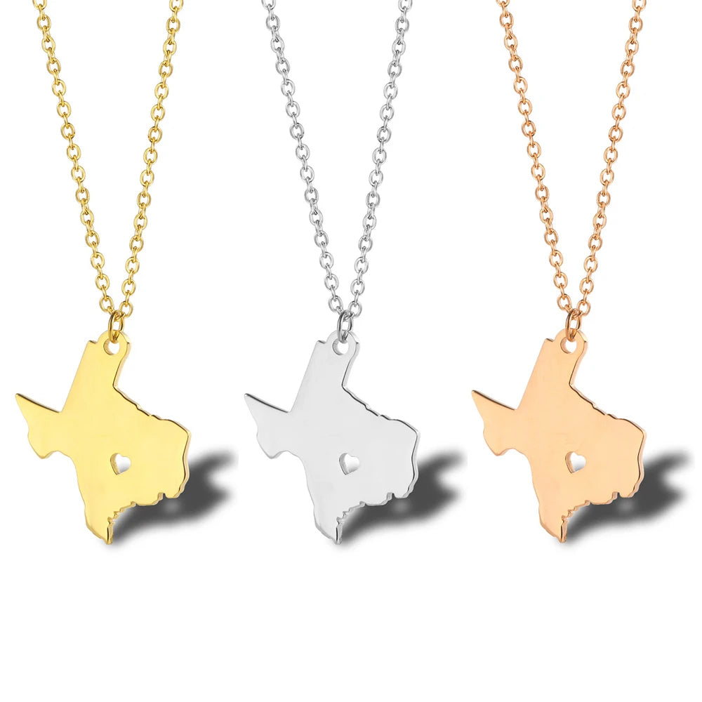 Stainless Steel Texas State of United States of America Map Necklace Silver 18K Gold Rose Gold Plated Map Pendant Chain Necklace