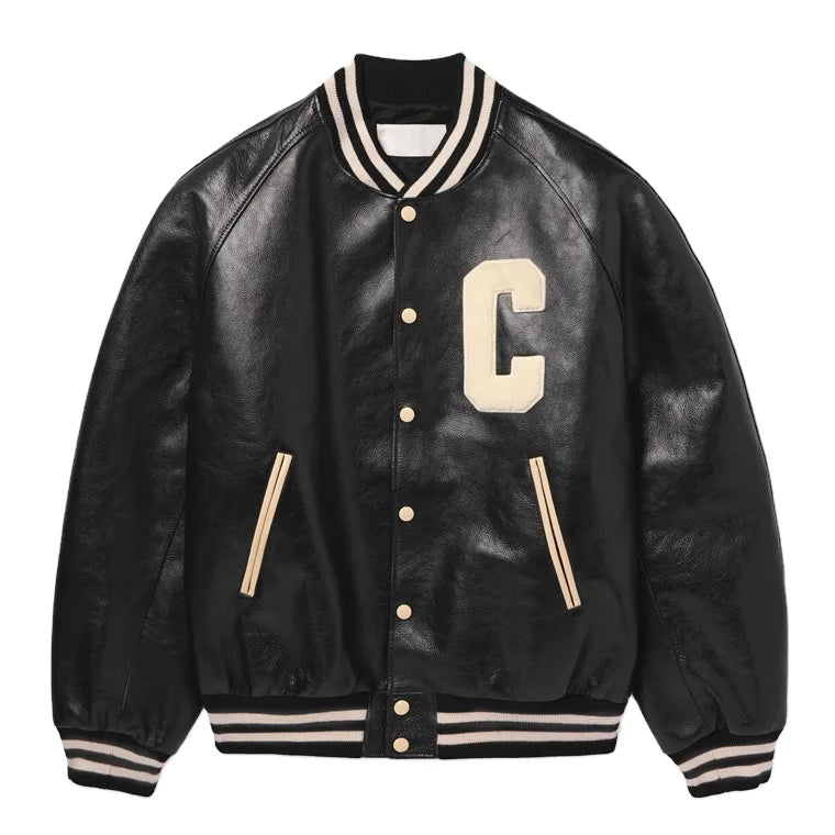 Custom Chenille Embroidered Letterman Leather Bomber Jacket for Men