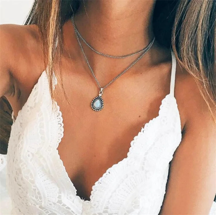 Wholesale Simple Plating Gold  Silver Waterdrop Heart Opal Crystal Multilayer Fashion Jewelry Necklaces