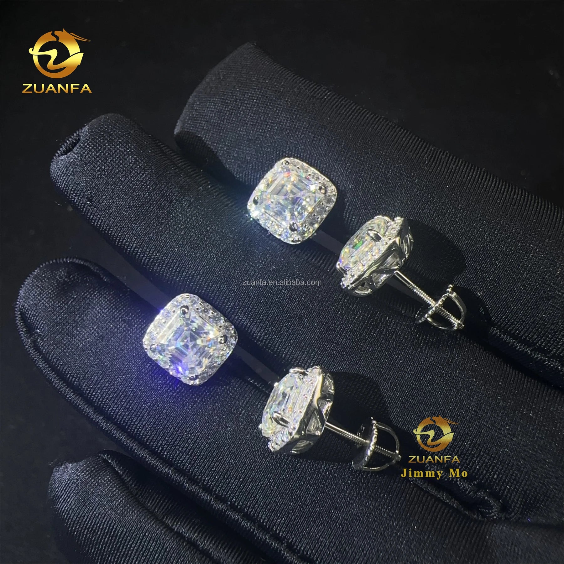 Ready to Ship Bulk Stock Pass Diamond Testser Iced Out Hip Hop Sterling Silver Square Asscher Moissanite Diamond Stud Earrings