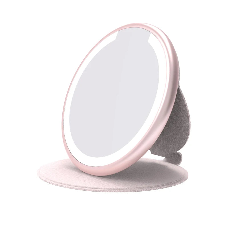 Foldable LED Light Cosmetic Mirror Leather Metal Pocket Mirror