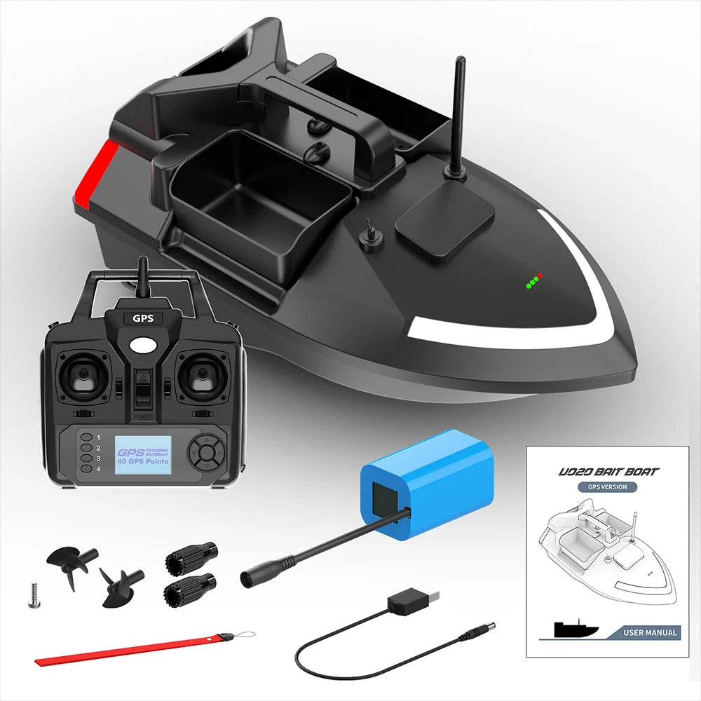 Flytec V020 RC Fish Finder Carp Fishing Bait Boat 3 Silos 2kg Loading GPS Navigation 500m 40 Dots Autopilot Boat With LED Light