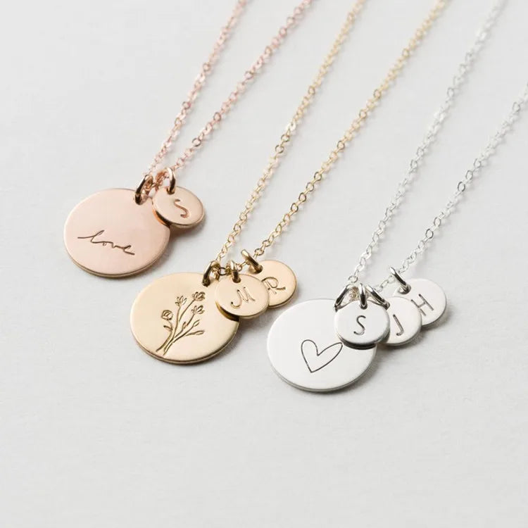 Personalized Custom logo Letter Engrave 925 Sterling Silver Gold Plated Initial Tags Disk Necklace for Mom