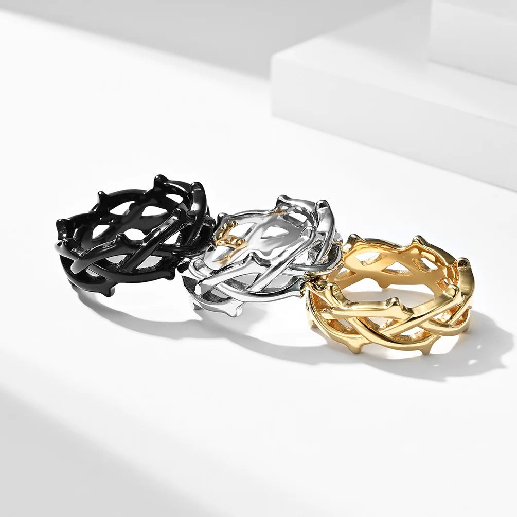 Fashion Thorn Vine Woven Stainless Steel 18k Gold Plated Rings Niche Personality Men's Daily Wear Jewelry