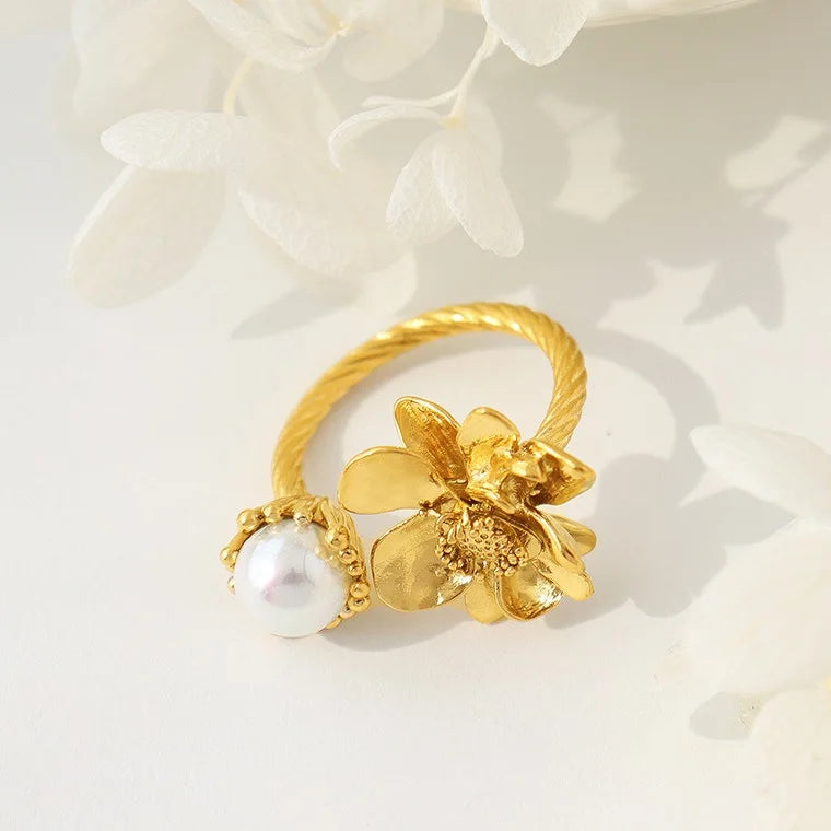 Ins Fashion Stainless Steel 18k Real Gold Plating Baroque Imitation Pearl Flower Shape Index Finger Rings Adjustable for Woman