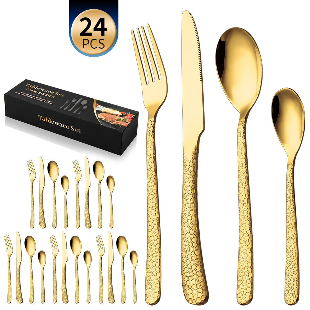 Hot Sale Hammer Handle Stainless Steel Flatware 24/30 Pcs Set Fork Spoon Knife Gold Silverware Wedding Cutlery Set