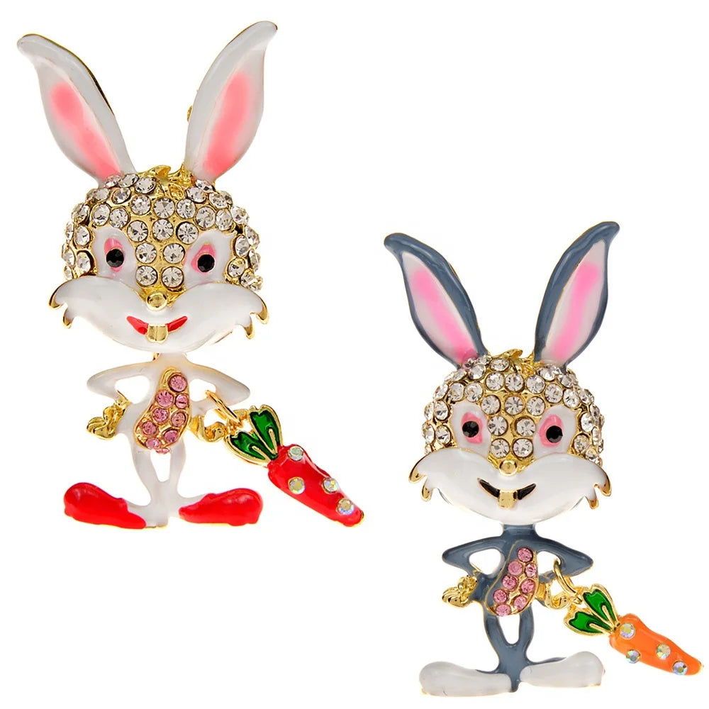 Custom Jewelry Cute Rabbit With Radish Rhinestone Animal Alloy Brooch Pins for Gifts