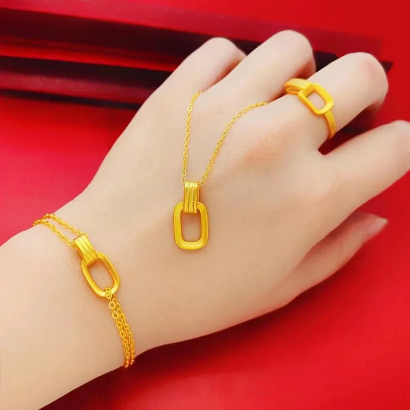 Dubai Gold Sand Gold Interlocking Necklace Geometric Double Link Ring Brass Gold Plated  Double Link Bracelet Set of Three