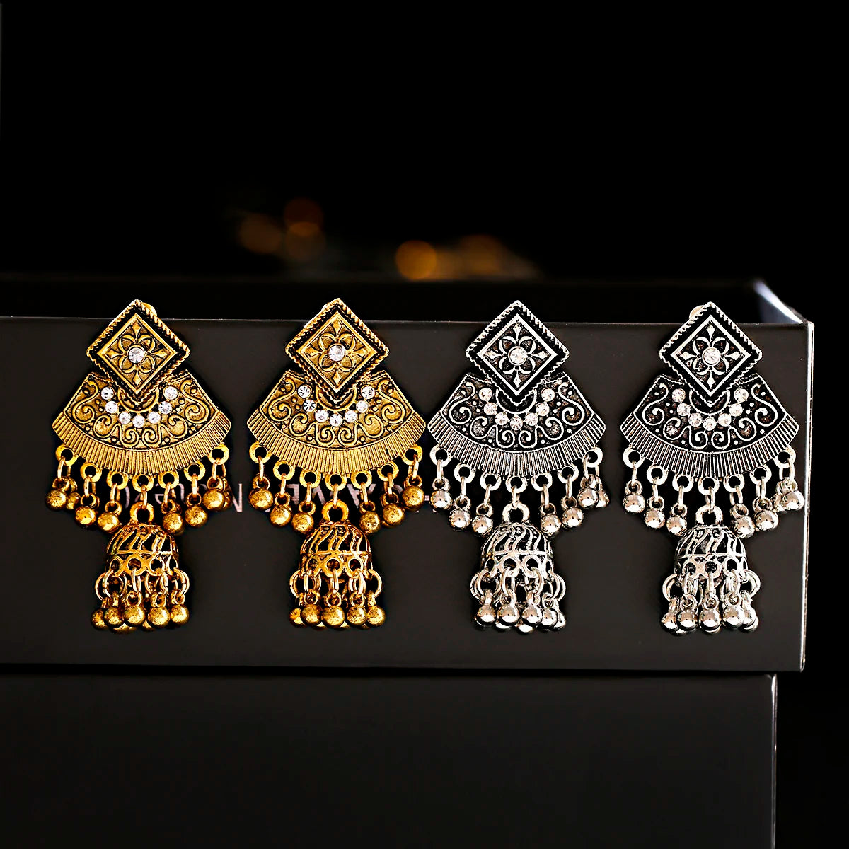 Boho Indian Jhumka Long Small Bell Drop Tassel Earring for Women Gold Silver Flower Carved Alloy Dangle Earrings Gypsy Jewelry