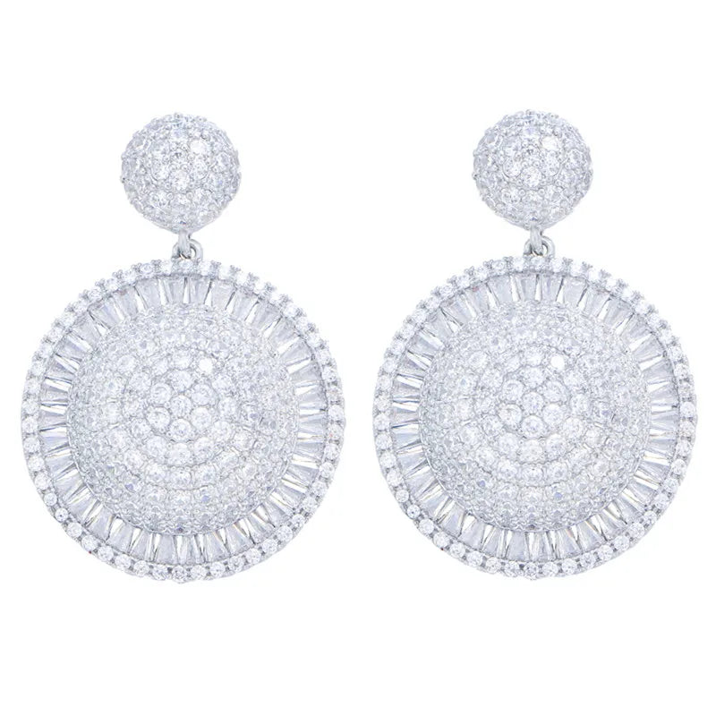 Dazzling Silver Plated Cubic Zircon Crystal Big Round Dangle Drop Earrings for Women Wedding Party Costume Jewelry Birthday Gift