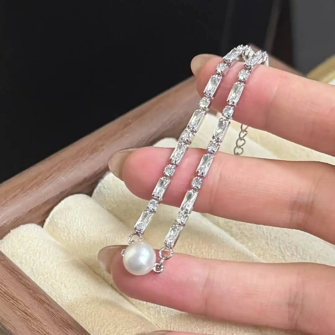 Simple Style 8-9mm Natural White Freshwater Pearl Bracelet Square Sugar Crystal Bracelet Versatile Pearl Pearl Bracelets Bangles
