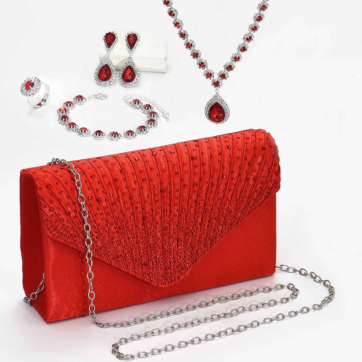 Hot Selling Glitter Rhinestone Wedding Evening Dress Dinner Clutch Bags With Necklace Earrings Bracelet Ring Set (KJ142)