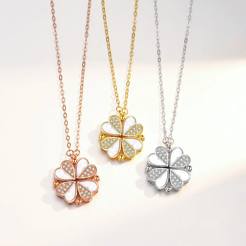 Changda Women Double Sided Lucky Mother of Pearl 18k Gold 925 Sterling Silver 4 Heart Four Leaf Clovers Pendant Necklace
