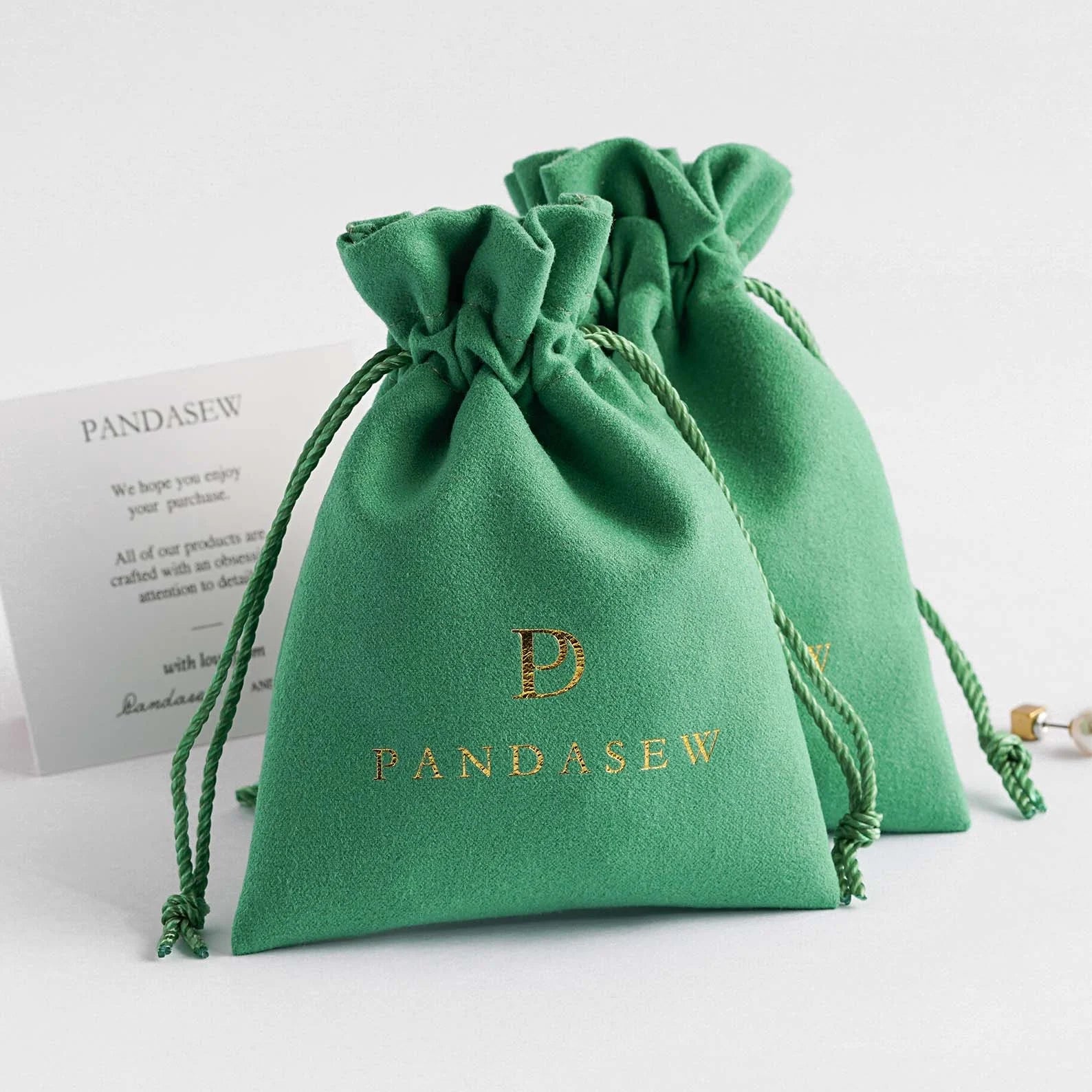 PandaSew Green Velvet Suede Packaging Drawstring Jewelry Pouch Bag with Custom Logo